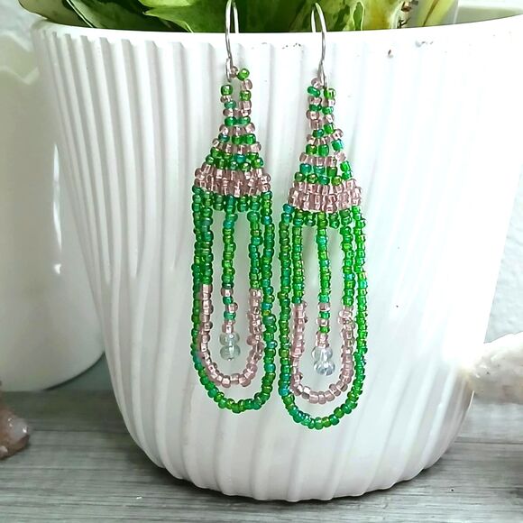 Boho Chic Beaded Dangle Earrings, Pink & Green, Seed Bead Jewelry, 3.5" - Picture 7 of 9